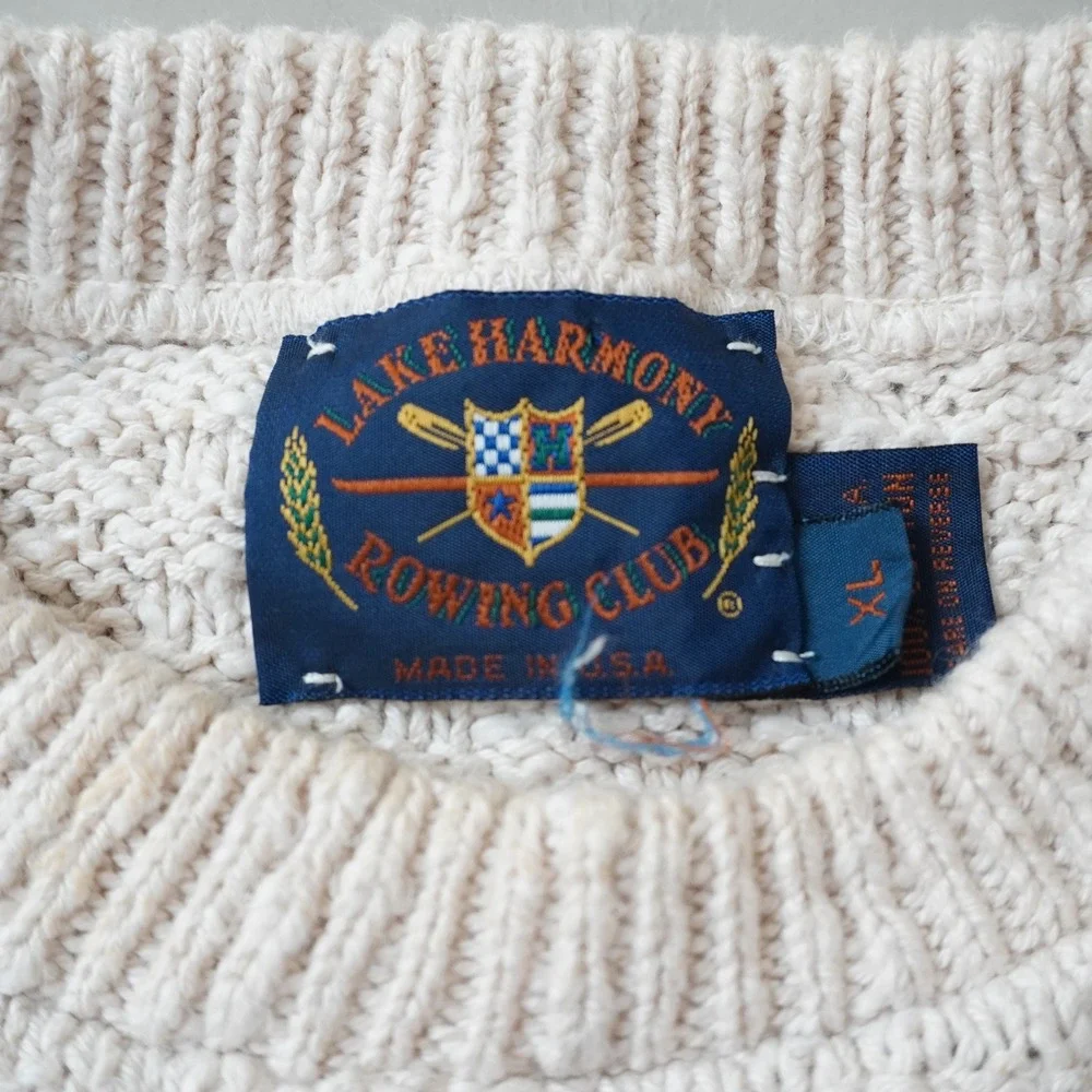 Vintage Lake Harmony Rowing Club Sweater XL Mens White Geometric Knit USA Made